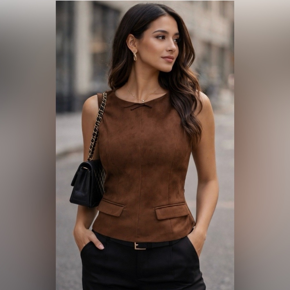 Christian Lacroix Rich Brown Faux Suede Vest, Size 6. NWT
